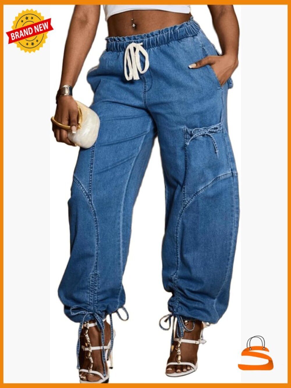 Wide Leg Baggy Jeans High Rise Drawstring Elastic Waist Denim Pants with Pockets